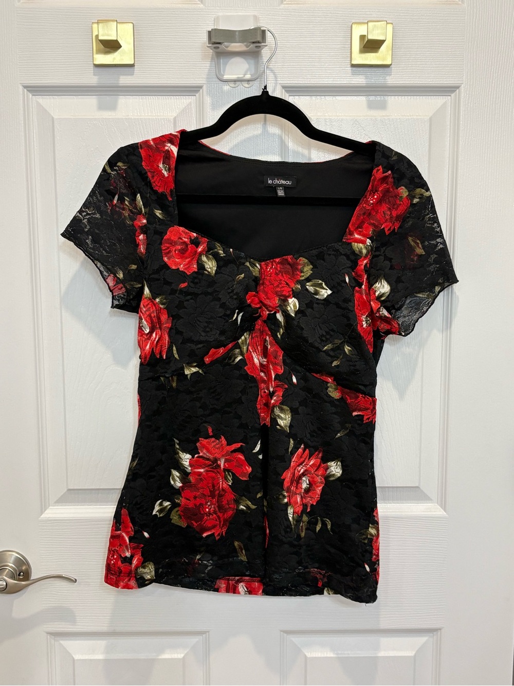le chateau Black Lace Top with Red Floral Print #1410